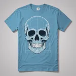 light blue t-shirt with white skull graphic image